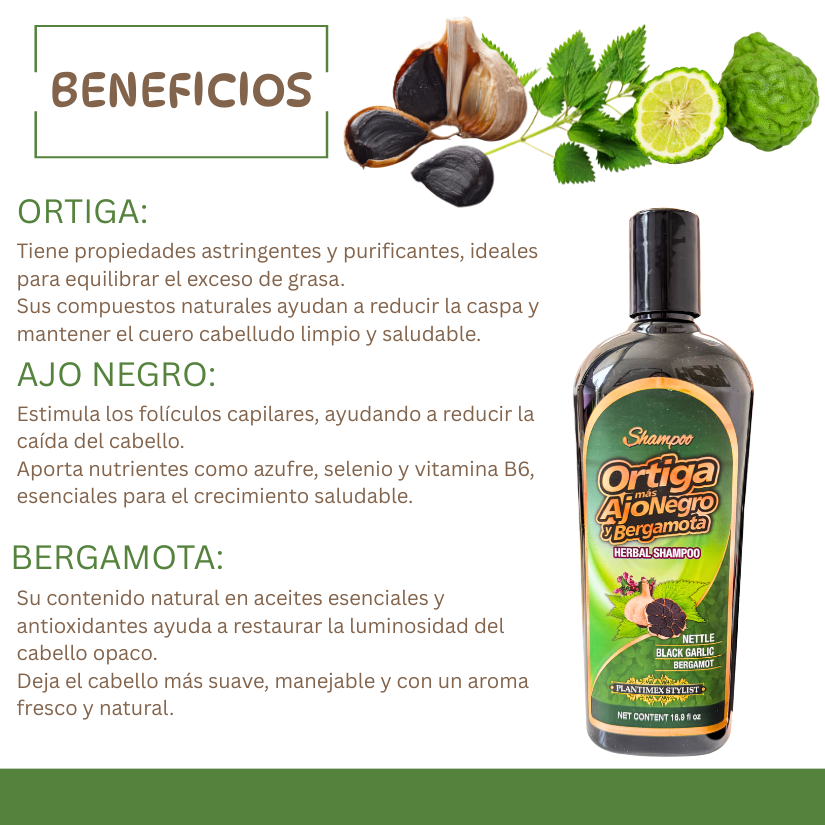Plantimex- Ajo negro, Ortiga y Bergamota Shampoo (16oz)