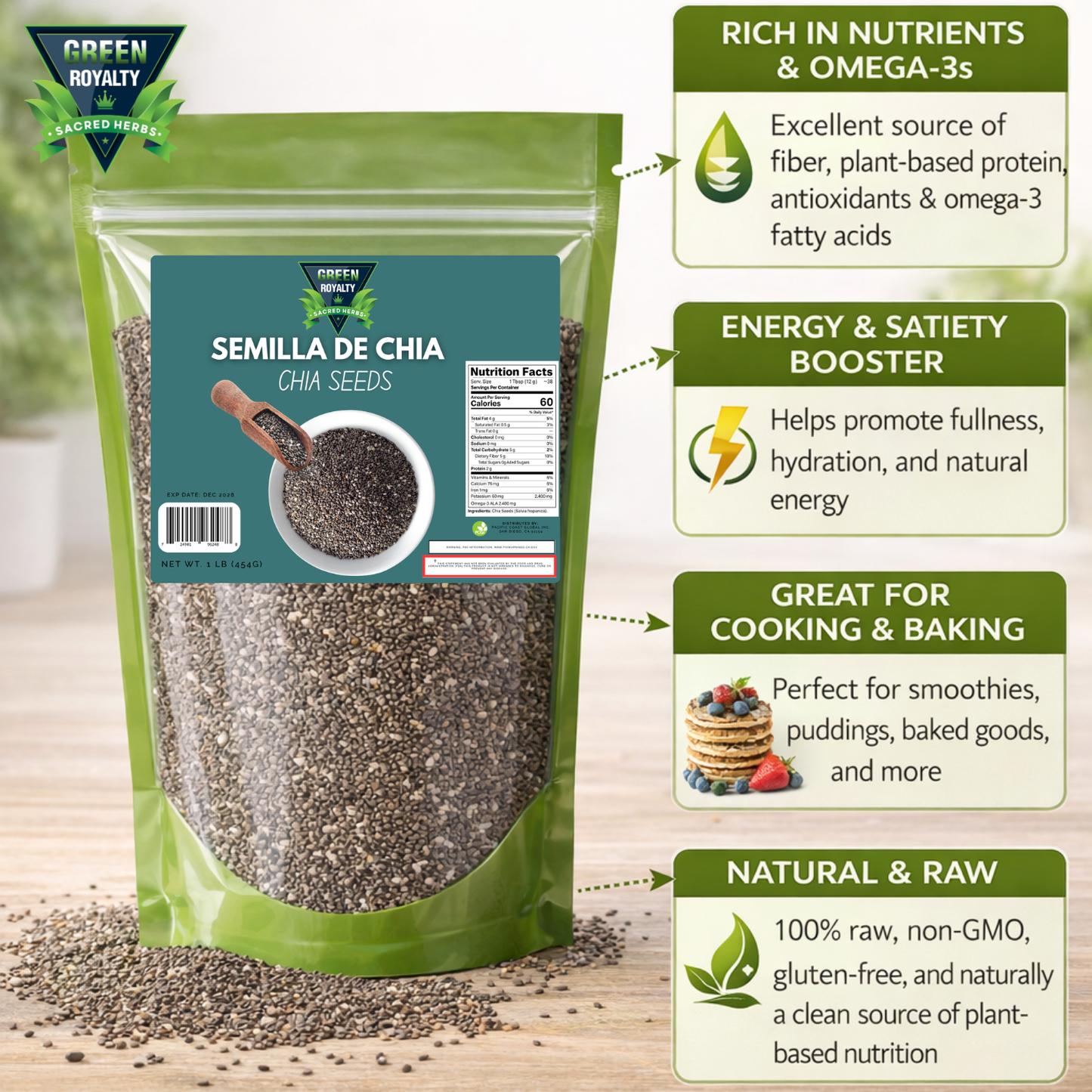 Green Royalty Chia Seeds 1 lb (454g), Raw Chia Seeds, Non-GMO, Gluten Free, High Fiber, Plant-Based Protein, Omega-3 Source, Resealable Bag
