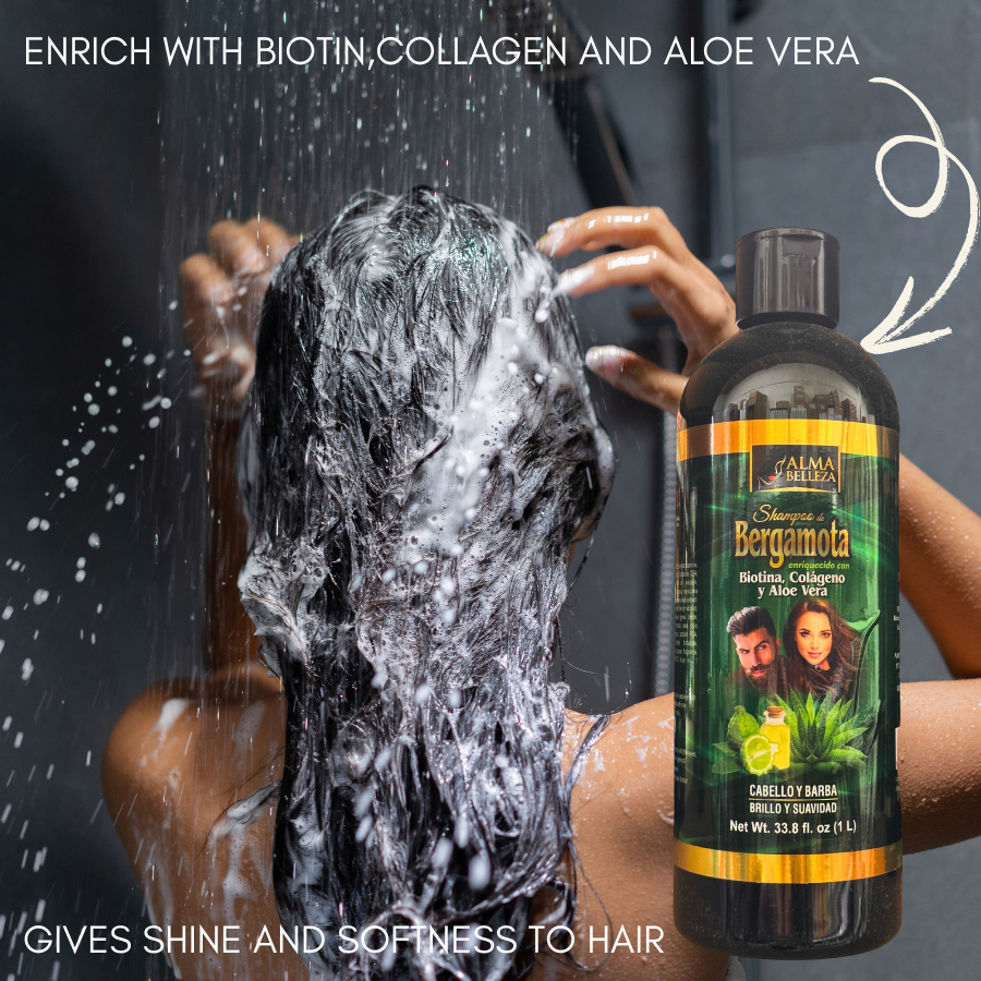 Alma Belleza Bergamot Shampoo with Biotin, Collagen & Aloe Vera – 33.8 fl oz (1L) – For Hair & Beard