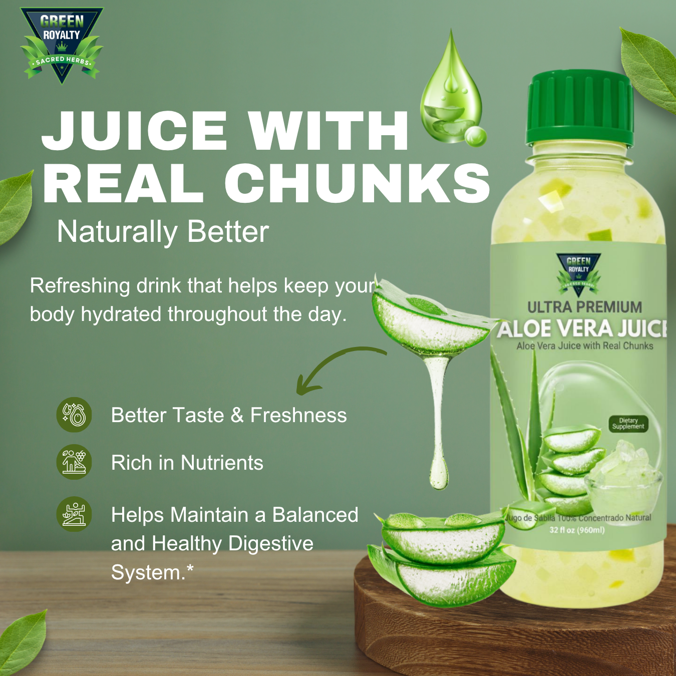 Green Royalty-Aloe Vera Juice w/ chunks 32oz(Jugo de Aloe Vera con trozos)