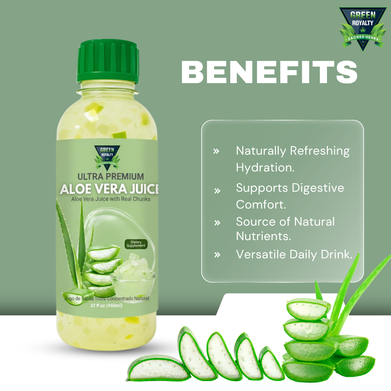 Green Royalty-Aloe Vera Juice w/ chunks 32oz(Jugo de Aloe Vera con trozos)
