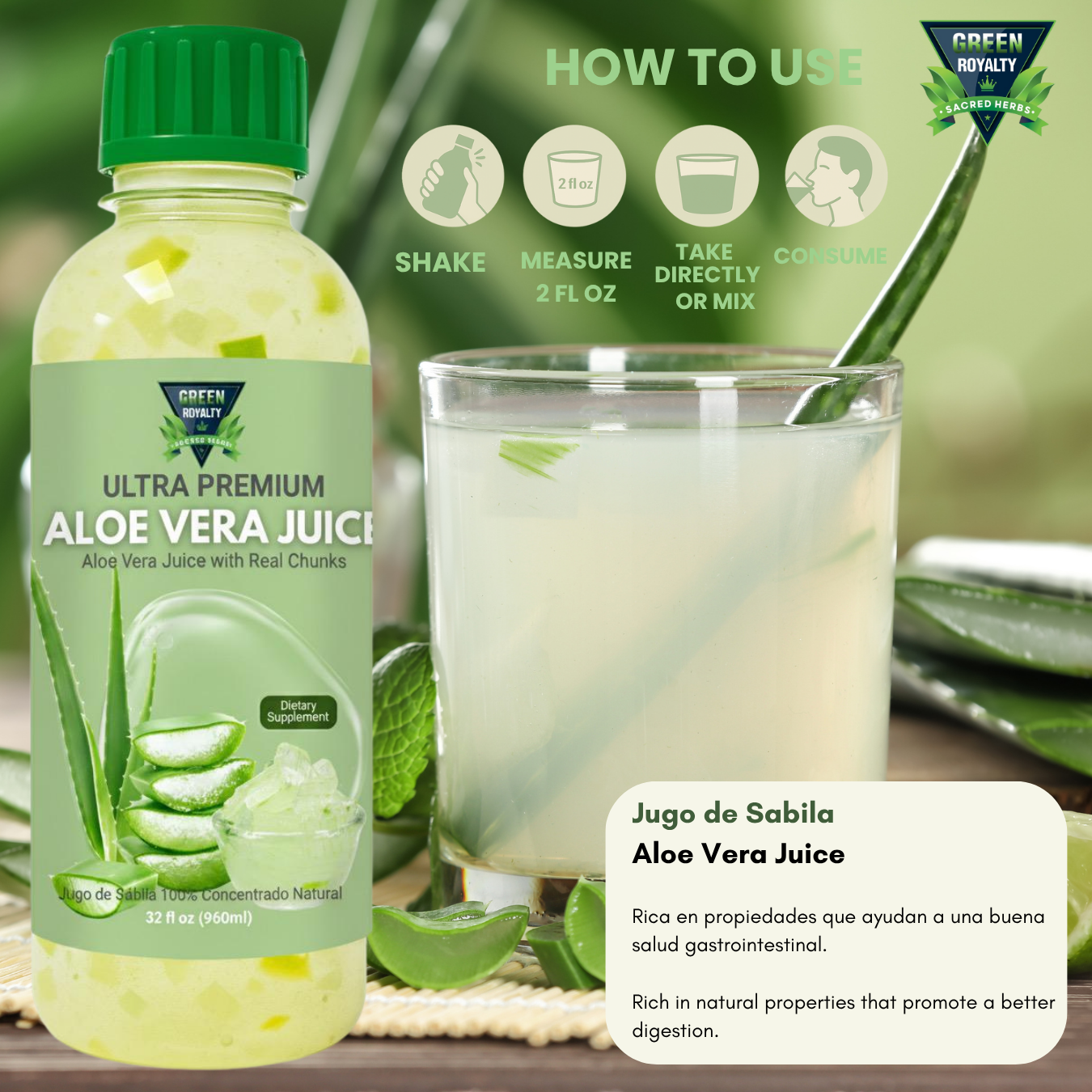 Green Royalty-Aloe Vera Juice w/ chunks 32oz(Jugo de Aloe Vera con trozos)