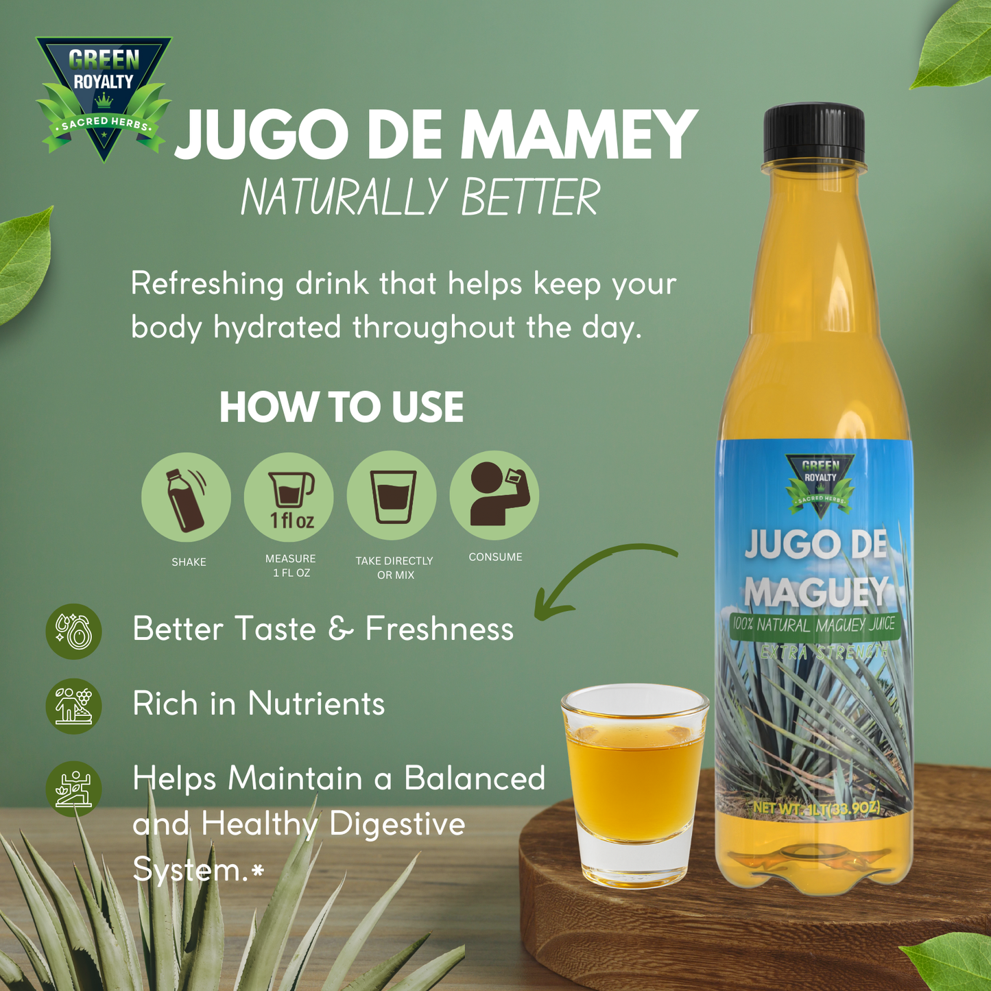 Green Royalty Jugo de Maguey – 100% Natural Maguey Juice, 33.9 fl oz Bottle