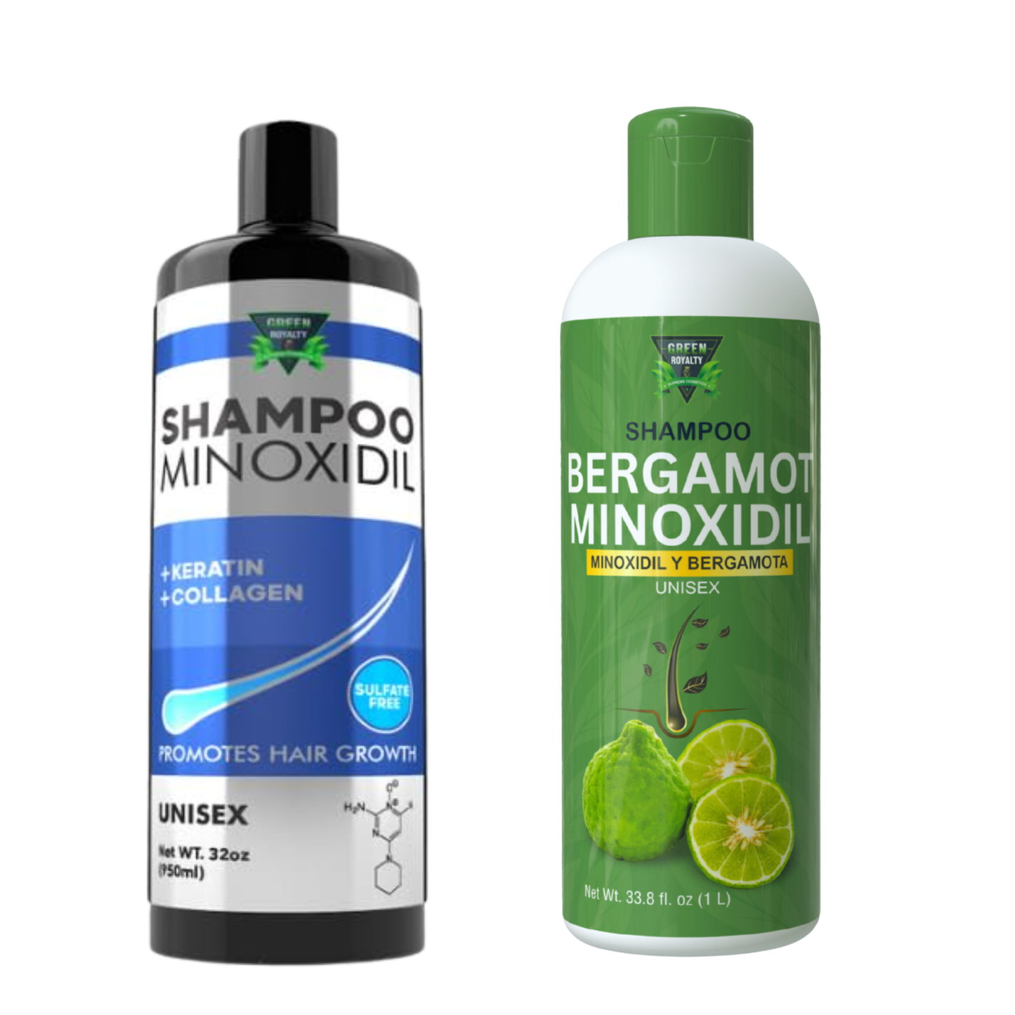 Green Royalty Minoxidil Shampoo Set – Bergamot Minoxidil & Keratin Collagen Shampoo, Unisex Hair Care, 2 Pack (32–33.8 fl oz Each)