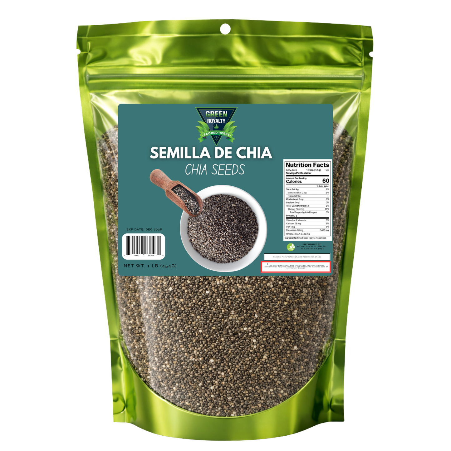 Green Royalty Chia Seeds 1 lb (454g), Raw Chia Seeds, Non-GMO, Gluten Free, High Fiber, Plant-Based Protein, Omega-3 Source, Resealable Bag