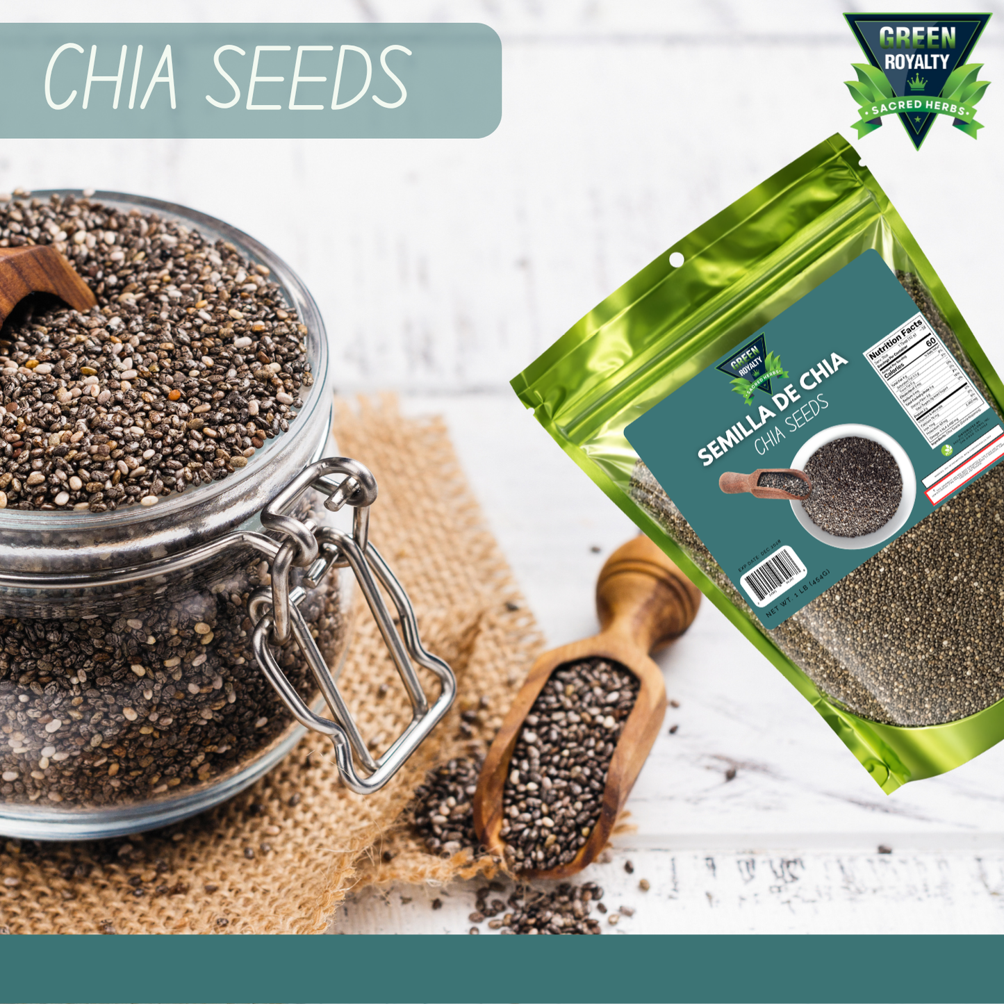 Green Royalty Chia Seeds 1 lb (454g), Raw Chia Seeds, Non-GMO, Gluten Free, High Fiber, Plant-Based Protein, Omega-3 Source, Resealable Bag