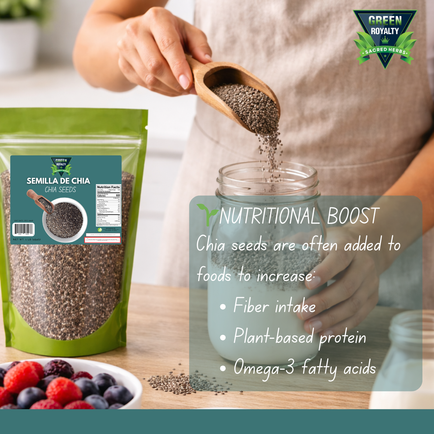 Green Royalty Chia Seeds 1 lb (454g), Raw Chia Seeds, Non-GMO, Gluten Free, High Fiber, Plant-Based Protein, Omega-3 Source, Resealable Bag