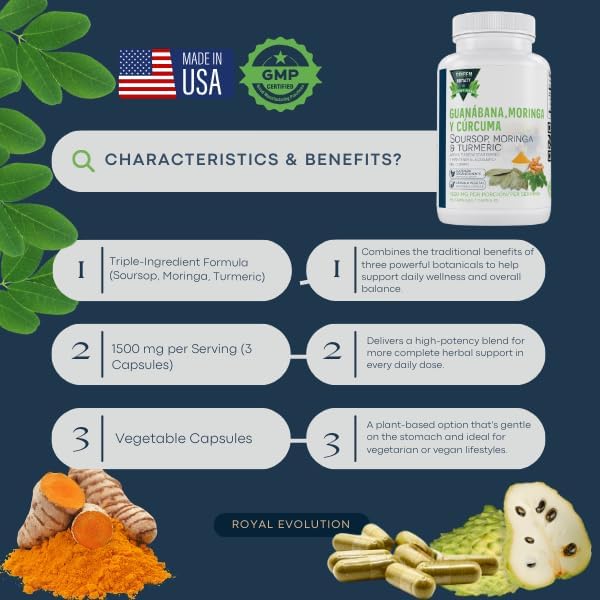 Green Royalty-Moringa, Guanabana & Curcuma 90 Capsules(Moringa, Soursop & Turmeric) - 1500 mg per Serving