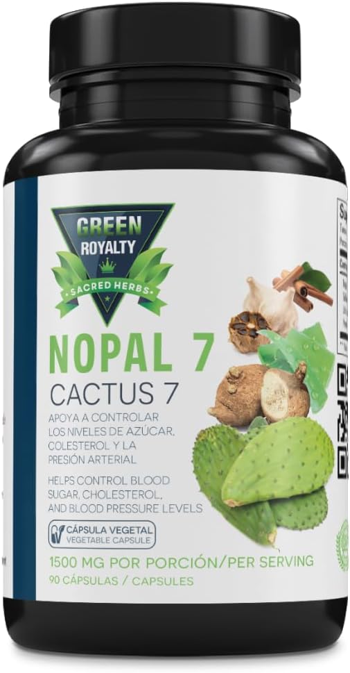 Green Royalty-Nopal 7 Cactus Capsules – Herbal Blend with Aloe Vera, Cinnamon, Black Garlic & More – 1500mg per Serving – 90 Vegetable Capsules – Caffeine-Free