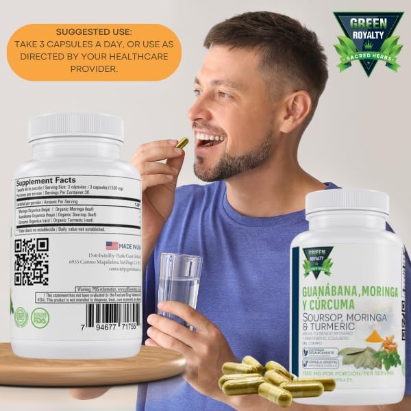Green Royalty-Moringa, Guanabana & Curcuma 90 Capsules(Moringa, Soursop & Turmeric) - 1500 mg per Serving