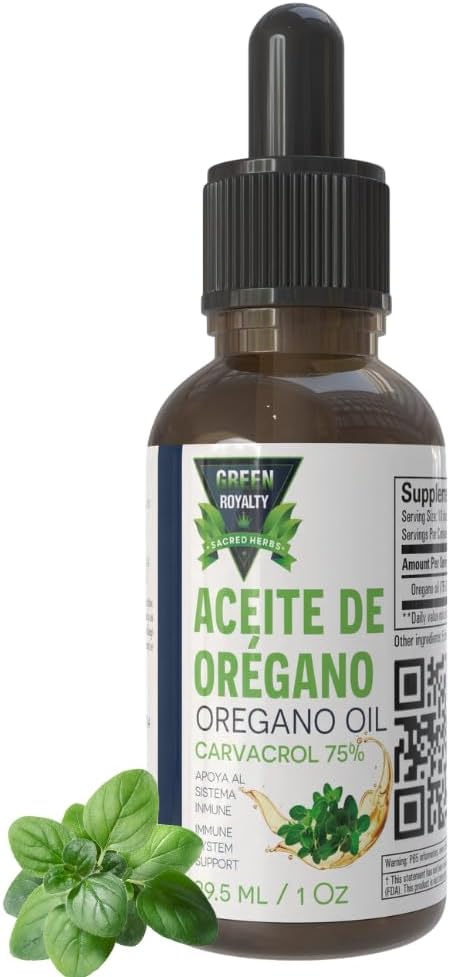 Green Royalty- Oregano Oil 1oz (Aceite Oregano) – 75% Carvacrol – Liquid Herbal Supplement – with Extra Virgin Olive Oil