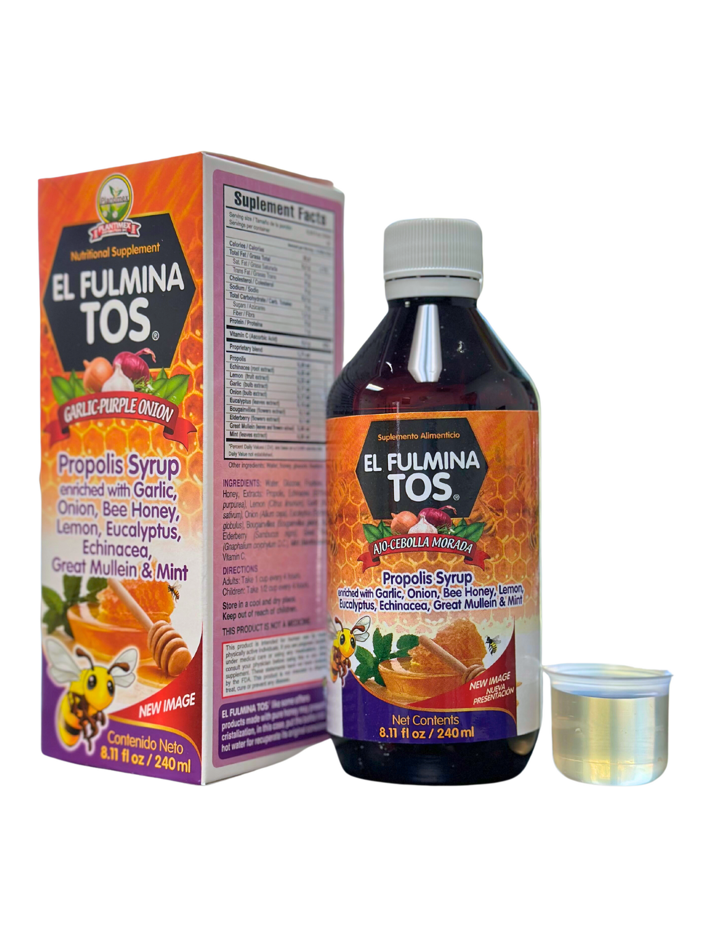 EL FULMINA TOS Propoleo AJO + CEBOLLA | Miel|Limon|Eucalipto|Equinacea|Gordolobo & Menta (Propolis Syrup W/Garlic and Onion) 8.11 fl oz Nutritional Supplement Cough Syrup