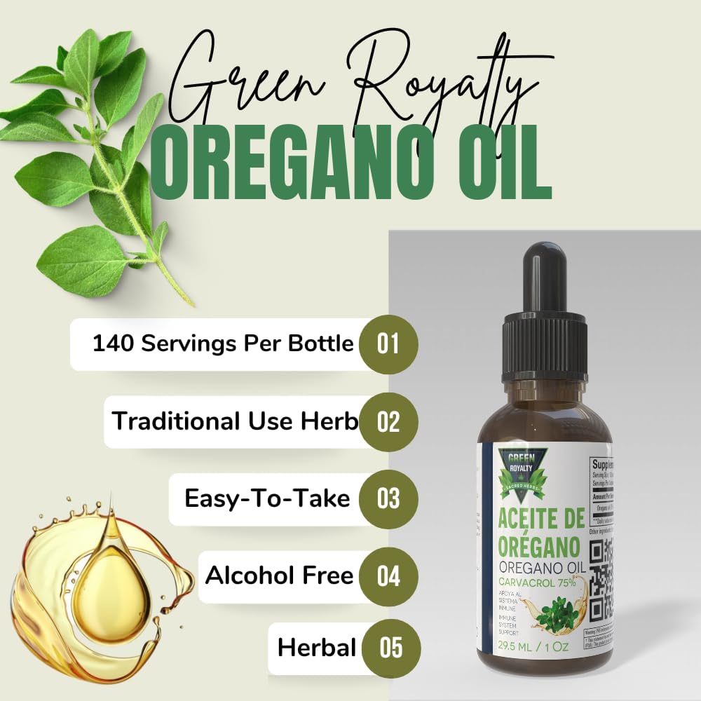 Green Royalty- Oregano Oil 1oz (Aceite Oregano) – 75% Carvacrol – Liquid Herbal Supplement – with Extra Virgin Olive Oil