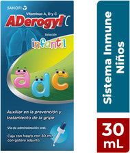 Aderogyl C infantil. Vitaminas A, B y C para la prevención de la gripe. Frasco de 30 ml con gotero