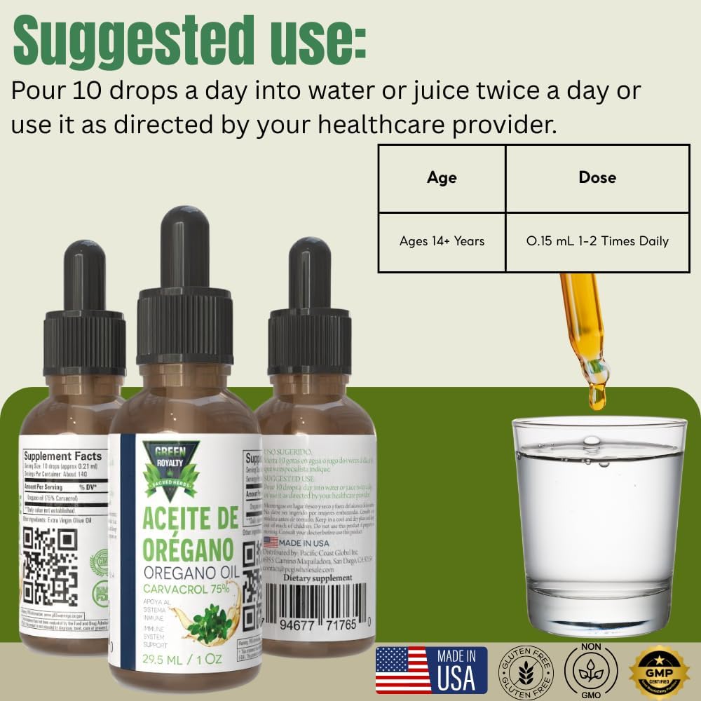 Green Royalty- Oregano Oil 1oz (Aceite Oregano) – 75% Carvacrol – Liquid Herbal Supplement – with Extra Virgin Olive Oil