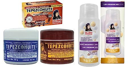 Del Indio Papago Tepezcohuite Day & Night creams (2oz each) + Hyaluronic Acid Serum (3.38 Fl Oz) + Tepezcohuite Soap (125g)