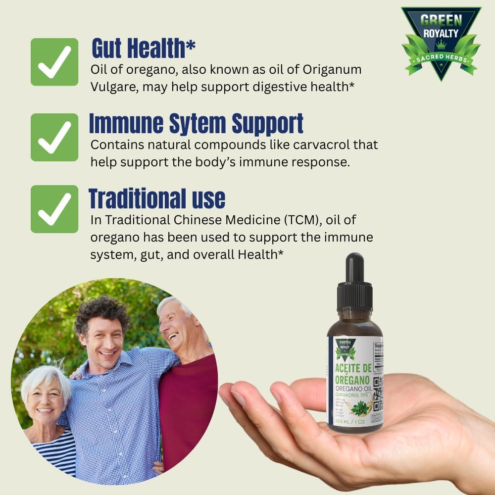 Green Royalty- Oregano Oil 1oz (Aceite Oregano) – 75% Carvacrol – Liquid Herbal Supplement – with Extra Virgin Olive Oil