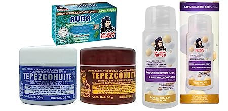 Del Indio Papago Tepezcohuite Day & Night creams (2oz each) + Hyaluronic Acid Serum (3.38 Fl Oz) + Rue Soap (125g)