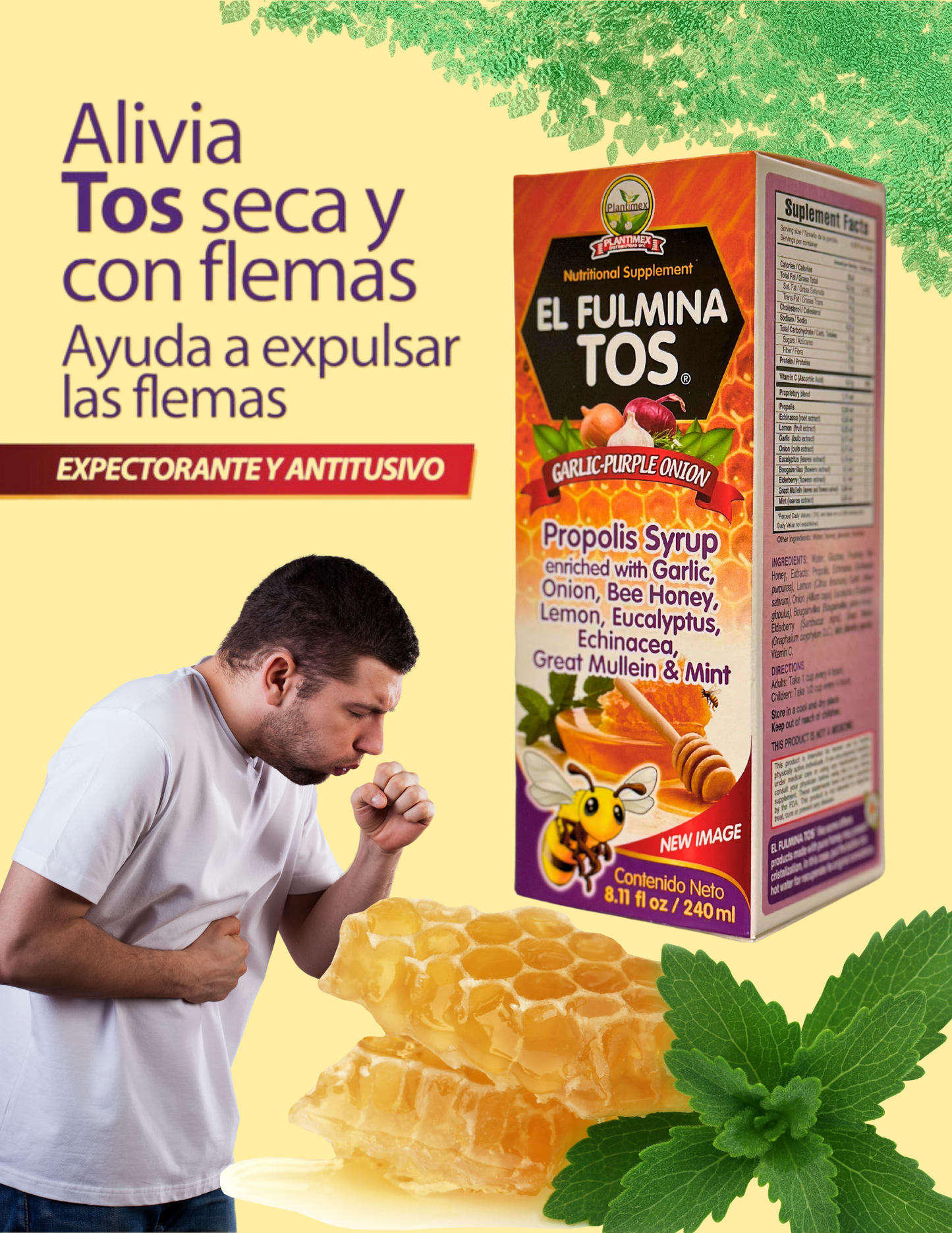 EL FULMINA TOS Propoleo AJO + CEBOLLA | Miel|Limon|Eucalipto|Equinacea|Gordolobo & Menta (Propolis Syrup W/Garlic and Onion) 8.11 fl oz Nutritional Supplement Cough Syrup