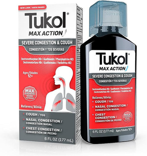 TUKOL Max Action Severe Cough Suppressant and Nasal Decongestant Multi-Symptom Cold Relief Syrup - Maximum Strength, Fast Acting Formula, 6 Fl Oz