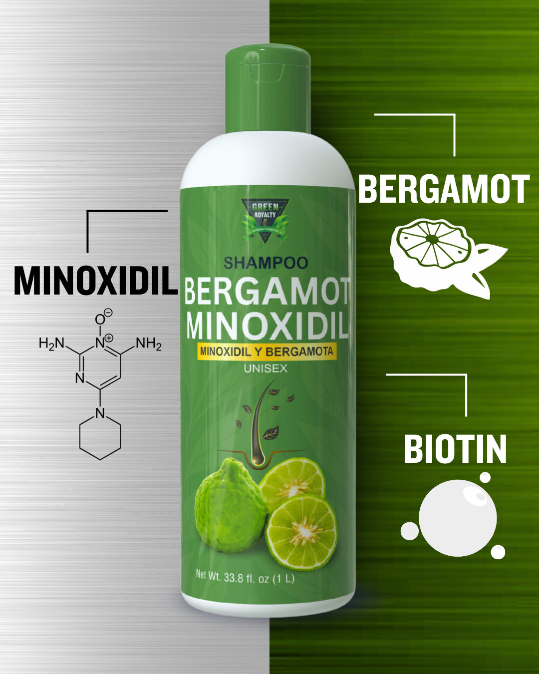 Green Royalty Minoxidil Shampoo Set – Bergamot Minoxidil & Keratin Collagen Shampoo, Unisex Hair Care, 2 Pack (32–33.8 fl oz Each)
