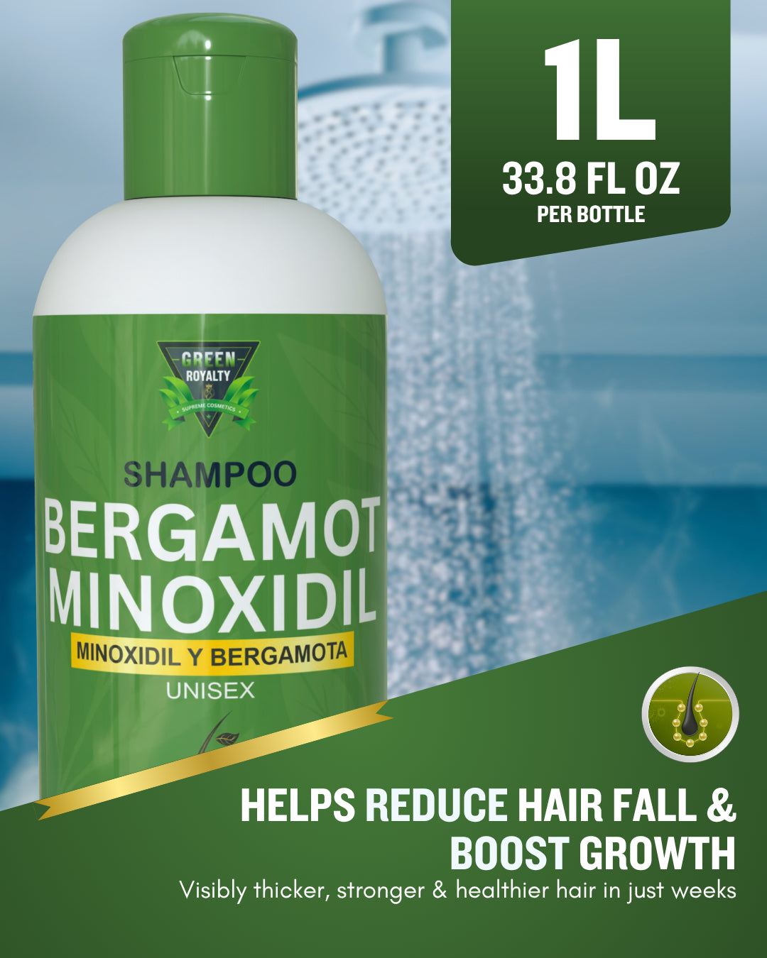 Green Royalty Bergamot Minoxidil Shampoo with Biotin – Hair Strengthening & Revitalizing Formula, Unisex, 33.8 fl oz (1 L)