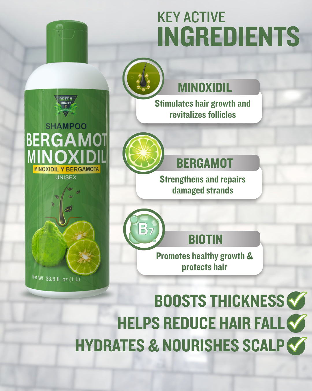 Green Royalty Minoxidil Shampoo Set – Bergamot Minoxidil & Keratin Collagen Shampoo, Unisex Hair Care, 2 Pack (32–33.8 fl oz Each)