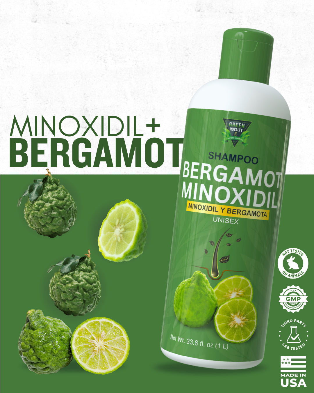 Green Royalty Bergamot Minoxidil Shampoo with Biotin – Hair Strengthening & Revitalizing Formula, Unisex, 33.8 fl oz (1 L)